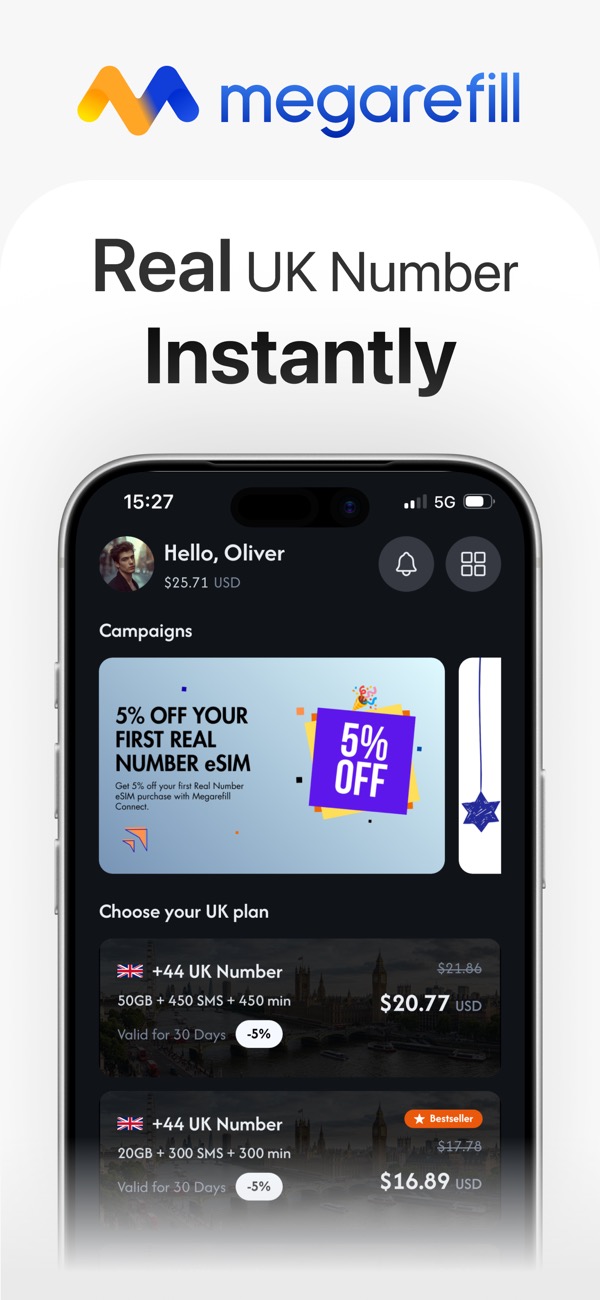 Megaconnect app home – choose your UK plan with a real +44 number