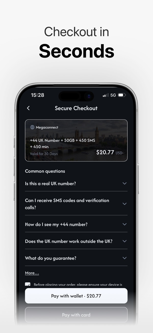 Megaconnect secure checkout for a UK +44 number plan